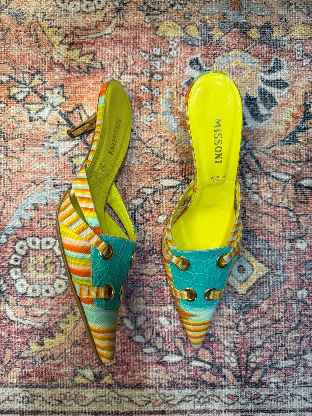 Vintage Y2K Missoni Yellow & Teal Striped Pointed Toe Mules Kitten Heel